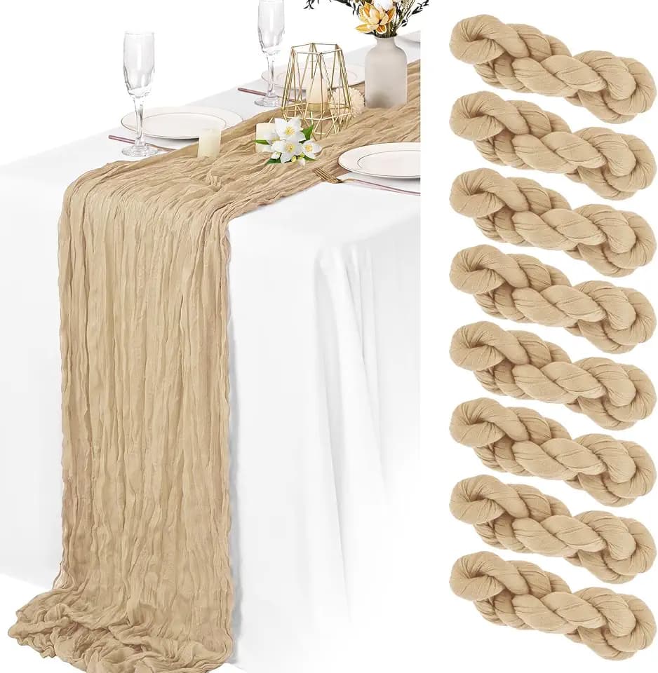 8 Pack Beige Cheesecloth Table Runner 10FT Long Boho Gauze Fabric Table Runner Vintage Rustic Sheer Runners for Wedding Party Bridal Baby Shower Table Decorations