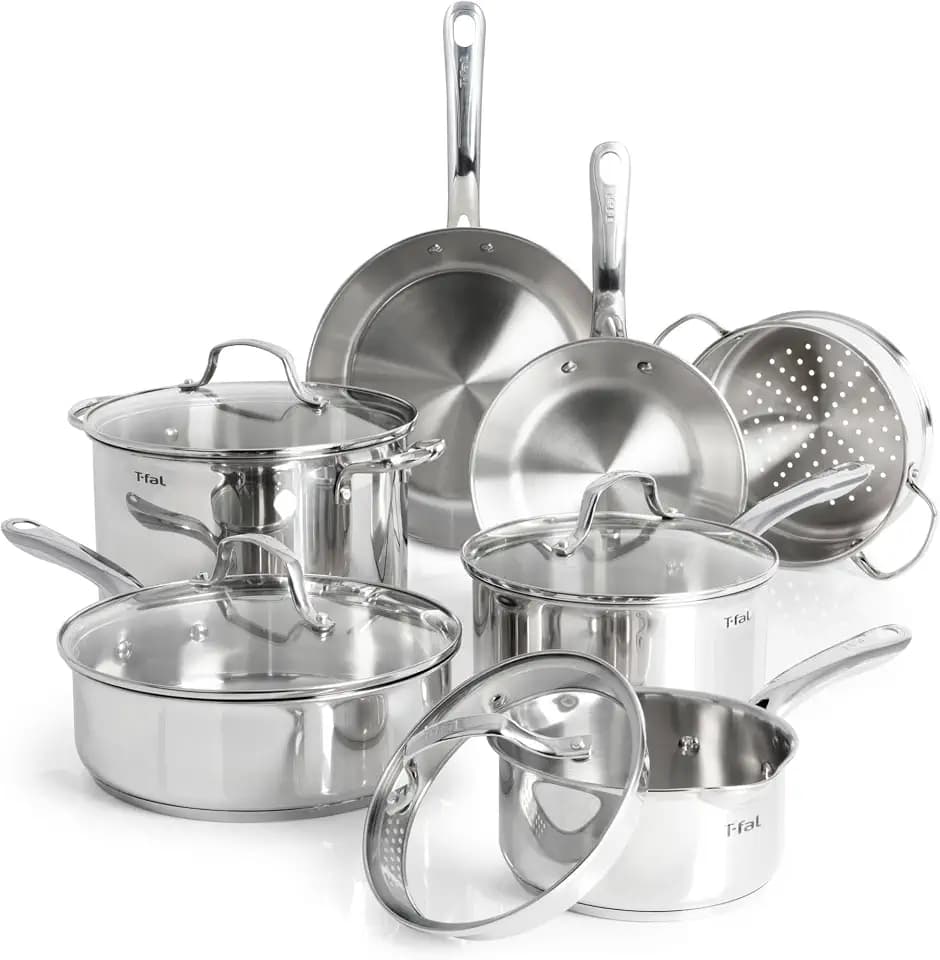 T-fal Stainless Steel Pots and Pans Set 11 Piece, Induction, Oven Broiler Safe 500F, Kitchen Cooking Set w/Fry Pans, Saucepans, Saute Pan, Steamer, Cookware, Dishwasher Safe, Silver