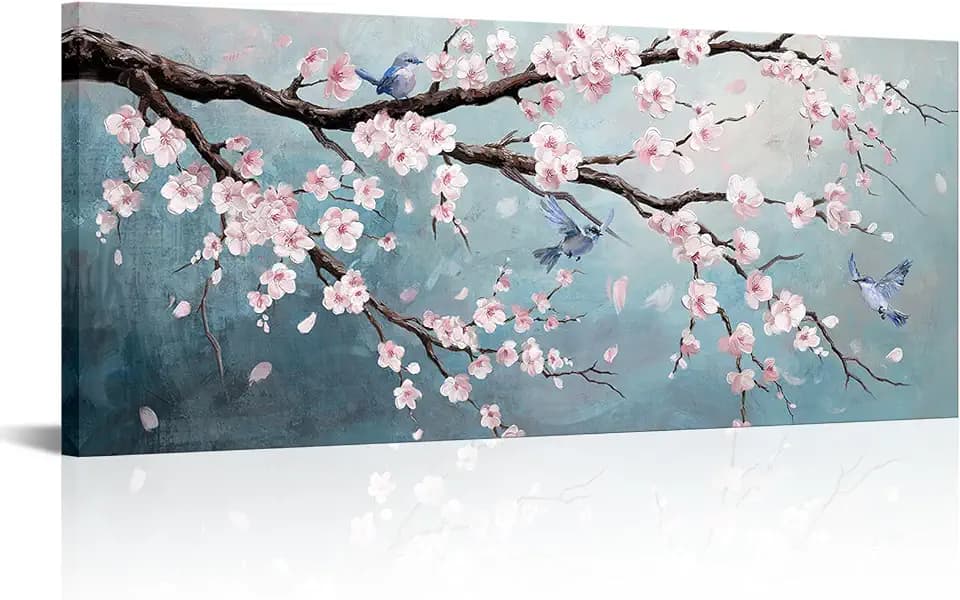 VANSEEING Cherry Blossom Wall Art Canvas Prints Birds on the Tree Branch Pink Flower Oil Painting Modern Artwork Large Wall Decor for Office Living Room Bedroom Home 48L x 20W