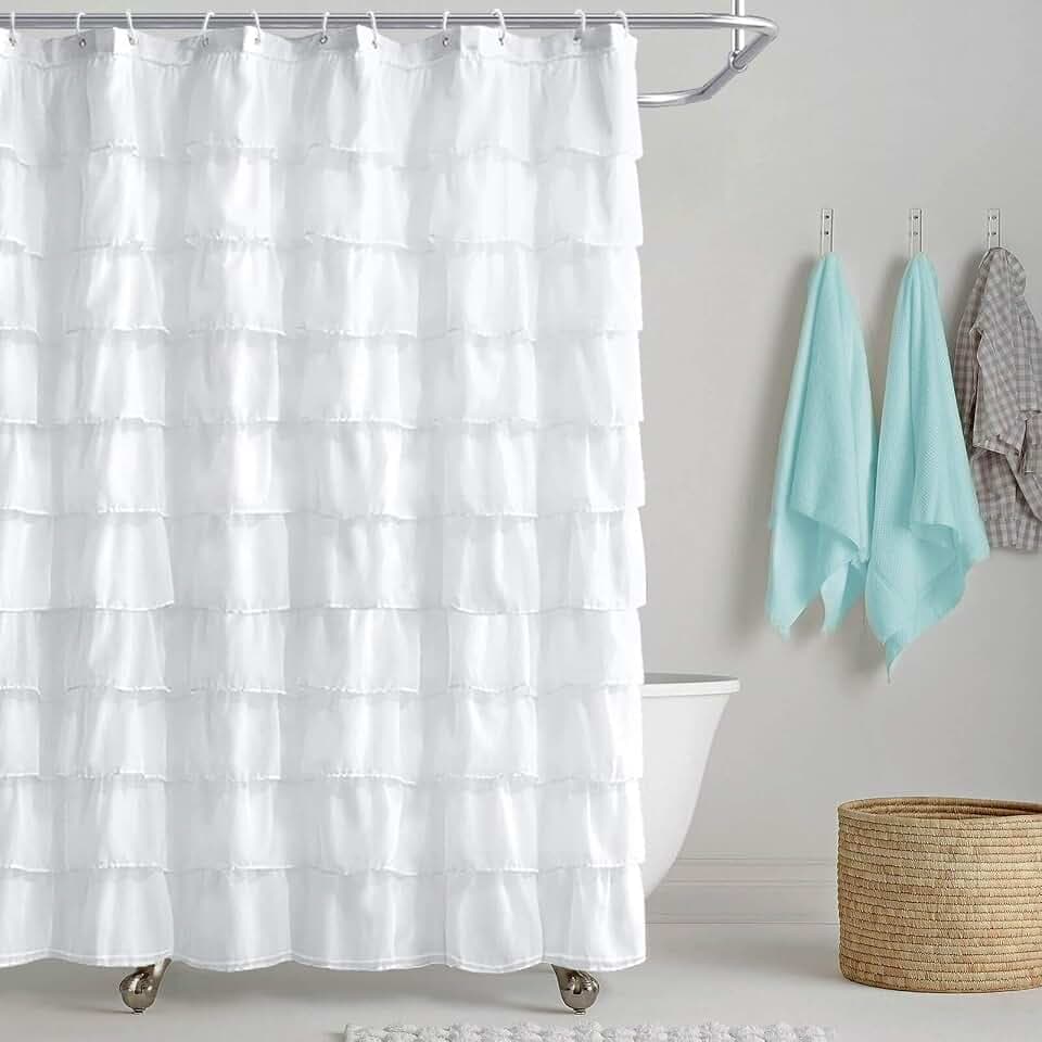White Shower Curtain Sheer Ruffle Shower Curtain for Bathroom 72 in Long