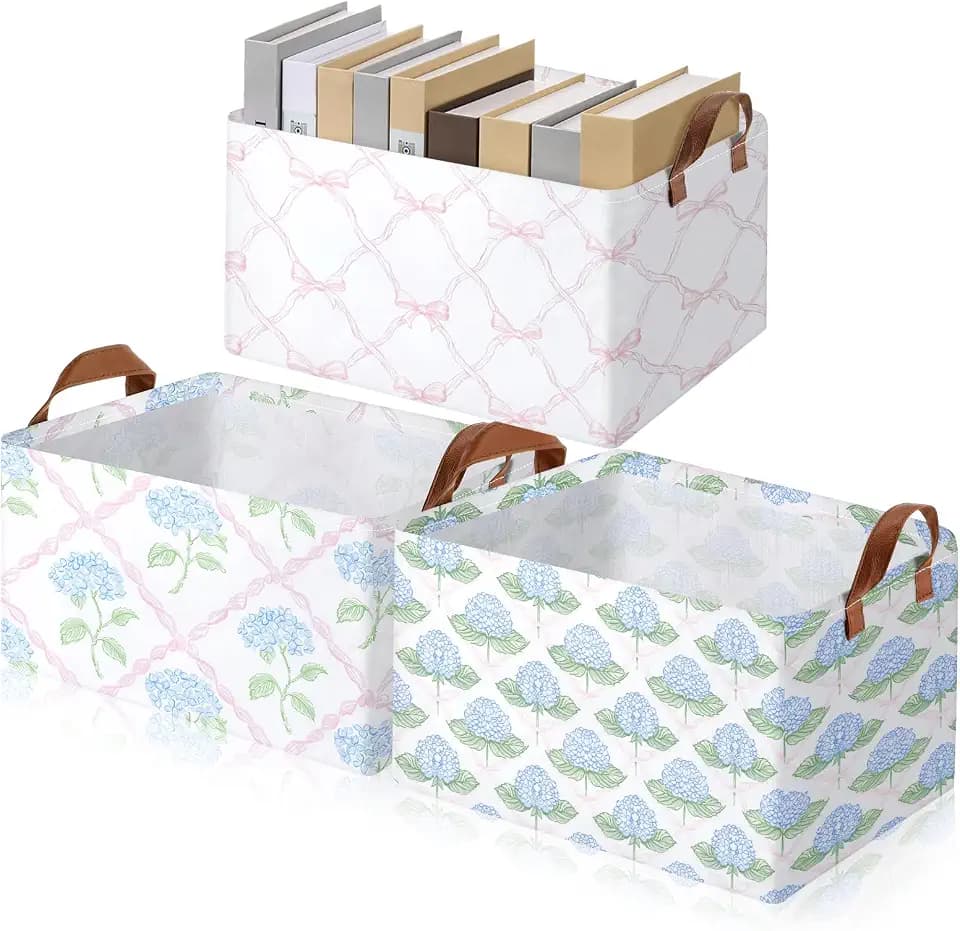 Boao Foldable Storage Baskets Dinosaur Easter Rabbit Classical Flowers Bow Laundry Basket with Handles Waterproof Storage Bins Fabric Shelf Baskets(15 x 11 x 8 Inches,Pink and Blue Flower,3 Pcs)