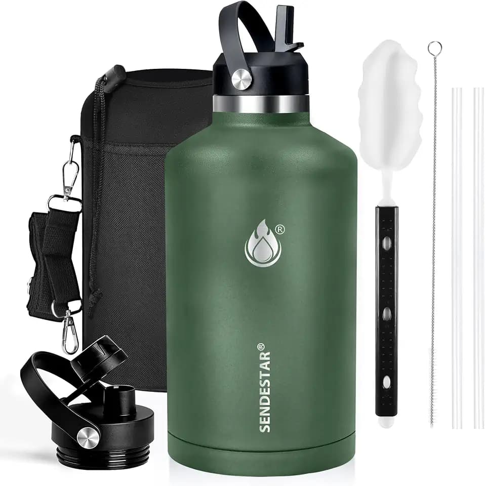 Insulated Water Bottle 64 oz, Triple Wall Vacuum Stainless Steel Water Bottles (Cold for 48 Hrs), Leak Proof & Non-BPA, Half Gallon Water Flask Jug Wide Mouth Straw Lid & Spout Lid