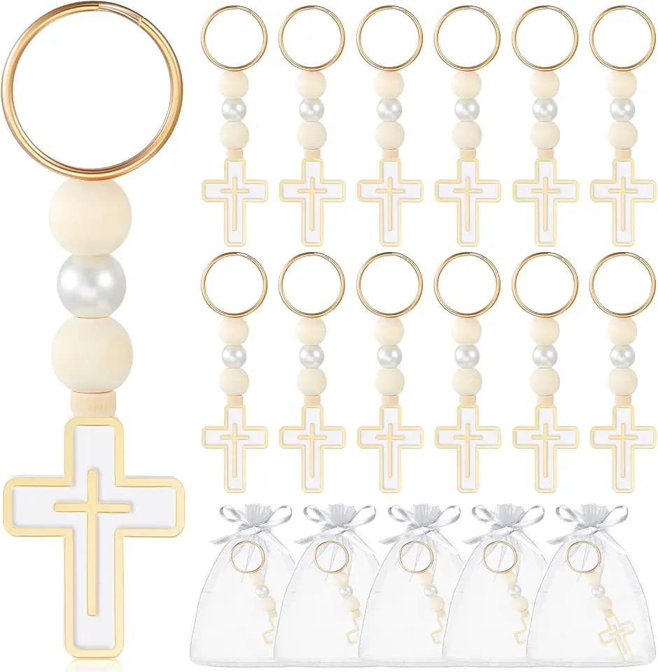 Quelay 24 Sets Cross Keychains with Rosary Beads & Organza Bags, Gold