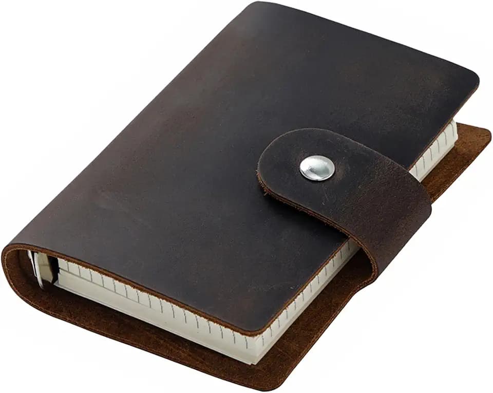 AxeWoodz A8 Genuine Leather Journal, Coffee Color Handmade Leather Cover Pocket Size Binder Planner, Mini Vintage Leather Planner, 96 Sheets Inner Pages, Loose Leaf 5-Ring with Snap Button Closure