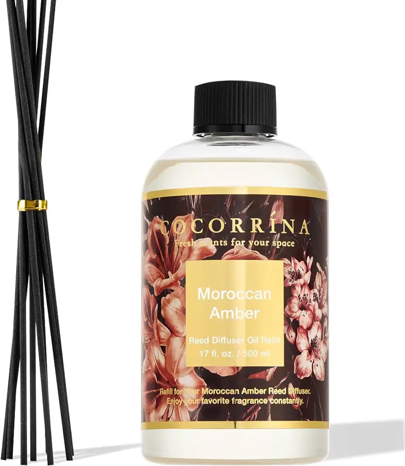 Cocorrína Reed Diffuser Refill Moroccan Amber 17oz (500ml) with 8 Sticks - Premium Long-Lasting Scented Oil, Home Fragrance for Bedroom, Bathroom Home Decor
