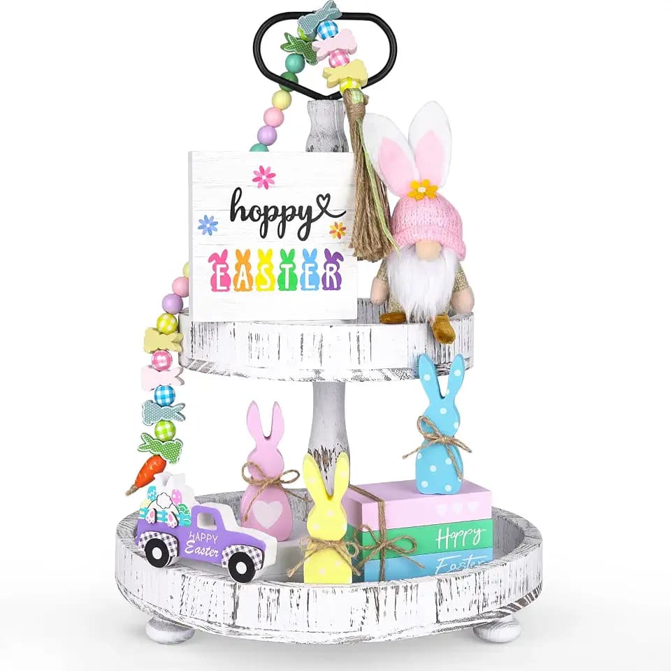 8PCS Easter Tiered Tray Decor, Spring Home Decor Set for Table,Wood with Bunny, Gnome, Truck, Happy Easter Sign & Accessories, Farmhouse Fireplace Mantle Decor, Home Kitchen Decorations Easter Gift Idea