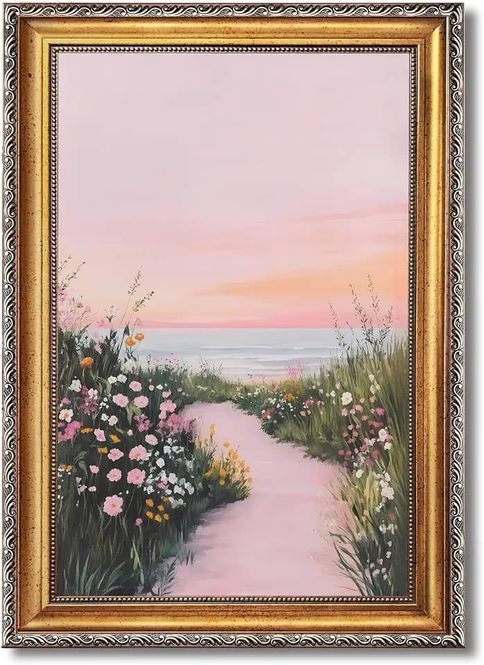 Qcrpnhy Floral Landscape Canvas Wall Art Spring Pathway with Wildflowers Pink and Yellow Garden Poster Living Room Bedroom Wall Decor 12x16inch Golden frame