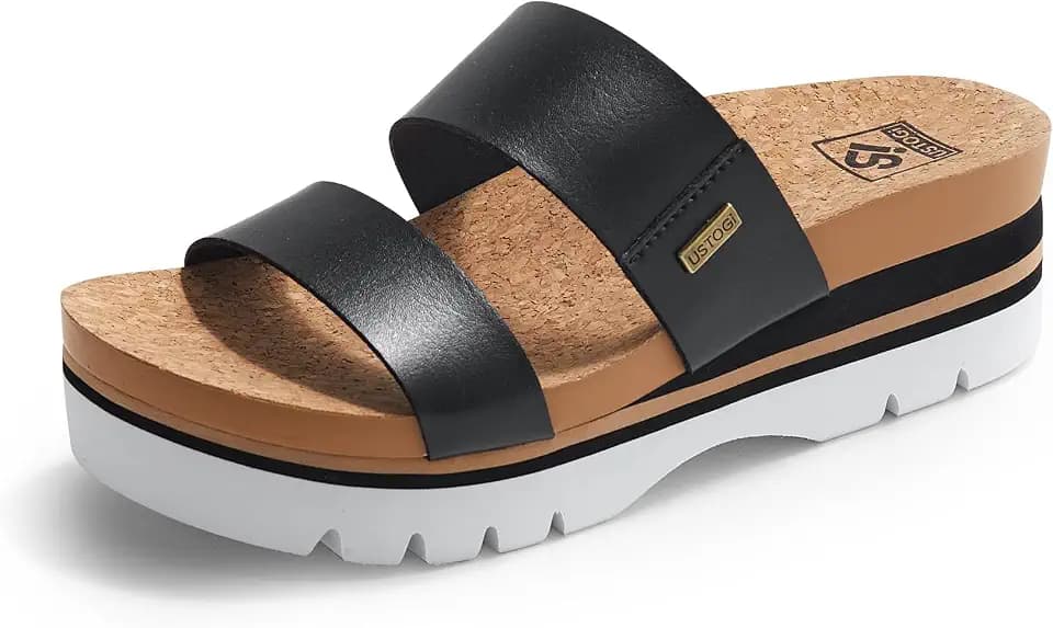 Women's Higher Platform Sandals Arch Support Beach Slides for Woman Orthotic Summer Causal Cork Footbed Slip on Cushion Cute 2 Strap Flatform 2.2IN sandalias de mujer