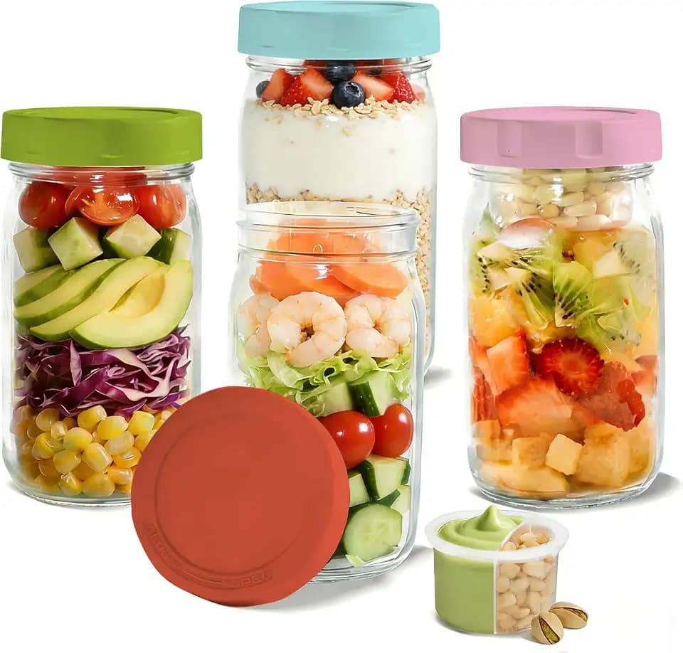 CHLJAR 32oz Glass Salad Jars with Dressing Cup, 4pcs Leakproof Container with Lid Meal Prep, Mason Jars with Wet/Dry Separation for Salad Dressing and Dry Ingredients