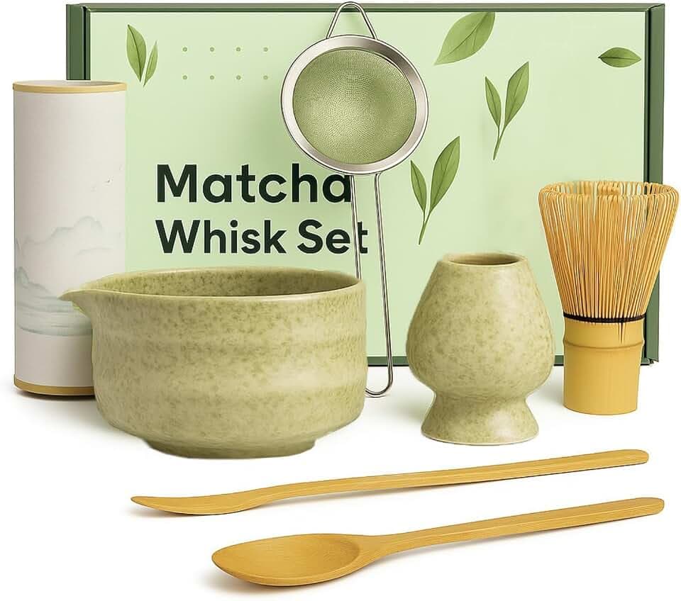 Matcha Whisk Set 7 Pcs | Ceramic Matcha Kit With Bowl, Bamboo Whisk And Holder, Bamboo Scoop, Sifter And Tea Towel | Premium Matcha Gift Set For Matcha Lovers (Green)