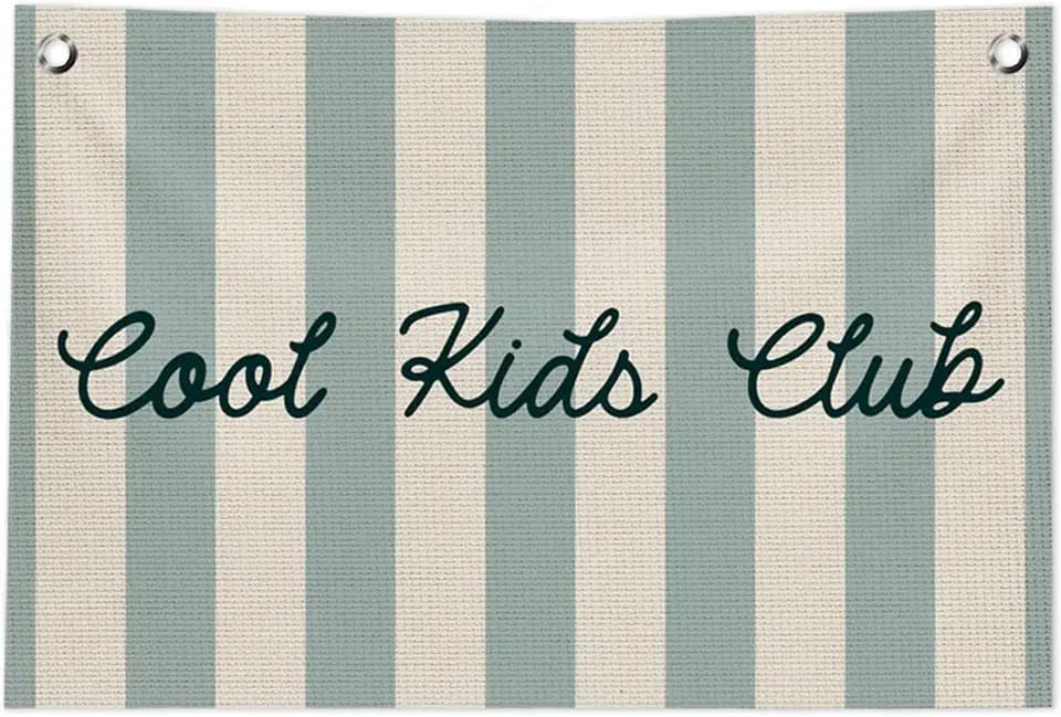 Cool Kids Club Nursery Wall Decor, Kids Room Decor Canvas Banner, Grey Striped Play Room Hanging Banner Flag Wall Art Decor for Boys Girls Toddler Nursery Bedroom Playroom, 20x30 in