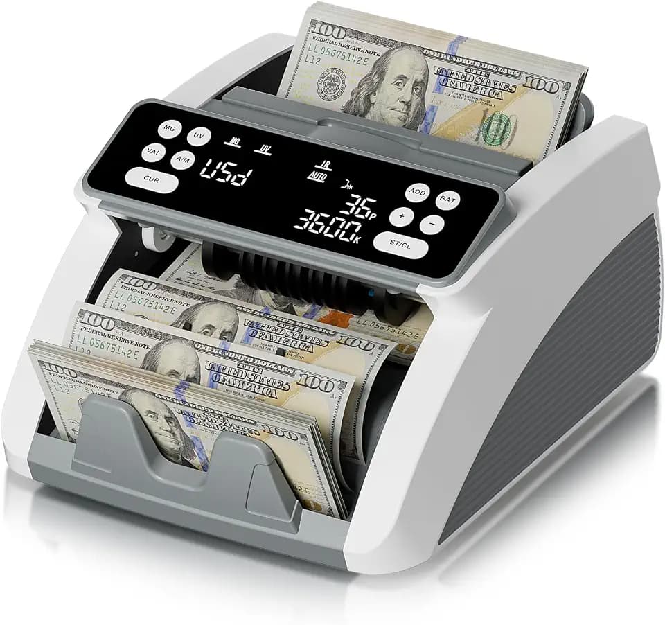 AROHANI Money Counter Machine with Value Count for USD and EUR, UV MG IR DD MT Counterfeit Detection, Count Add Batch Auto Modes, Cash Counter with LED Display, Compact Powerful Design,Gray