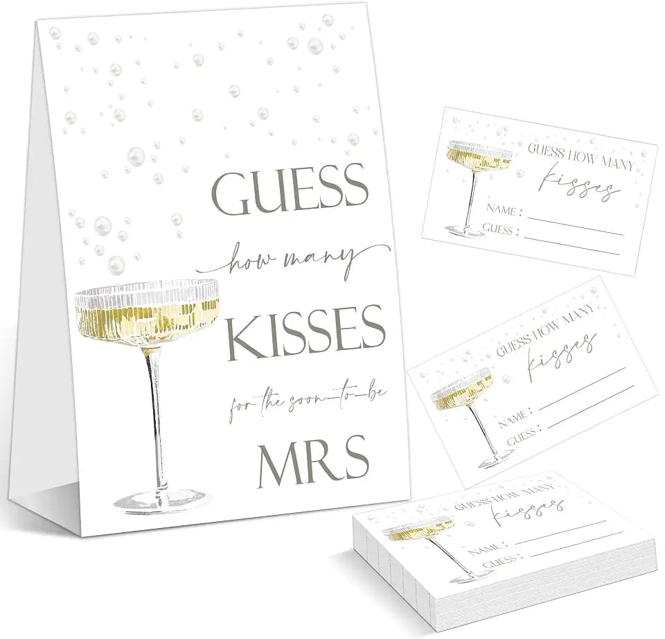 How Many Kisses Bridal Shower Game Sign, Pearls Wine Bridal Shower Decorations, Reception Games for Engagement Events, Wedding Centerpiece Table Decor, Wedding Party Favors, 1 Sign and 50 Cards,1
