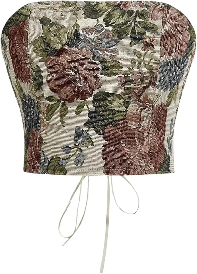 RoseSeek Women's Floral Embroidery Strapless Tube Top Lace Up Y2K Corset Crop Tops