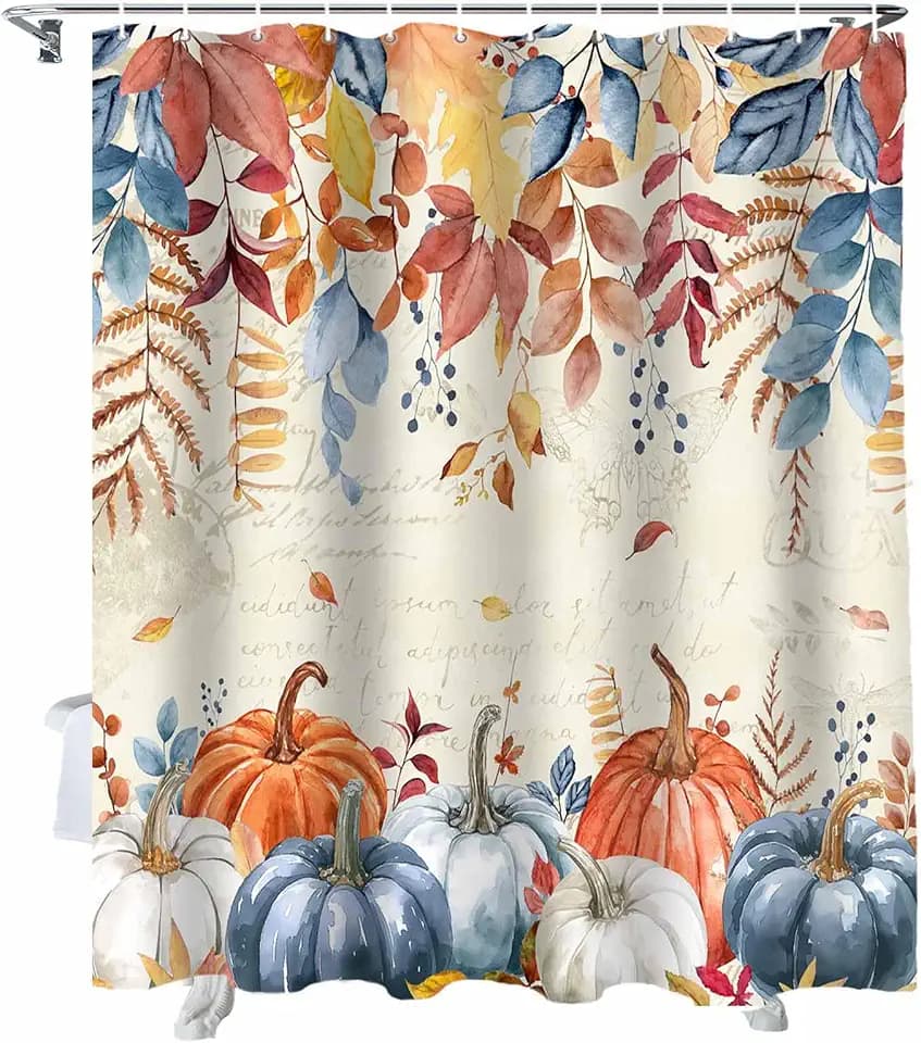 Fall Shower Curtain Autumn Pumpkin Thanksgiving Shower Curtains for Bathroom Fall Leaves Bath Curtains Sets with Hooks for Autumn Thanksgiving Seasonal Decor Fabric Waterproof Standard 72" X 72"