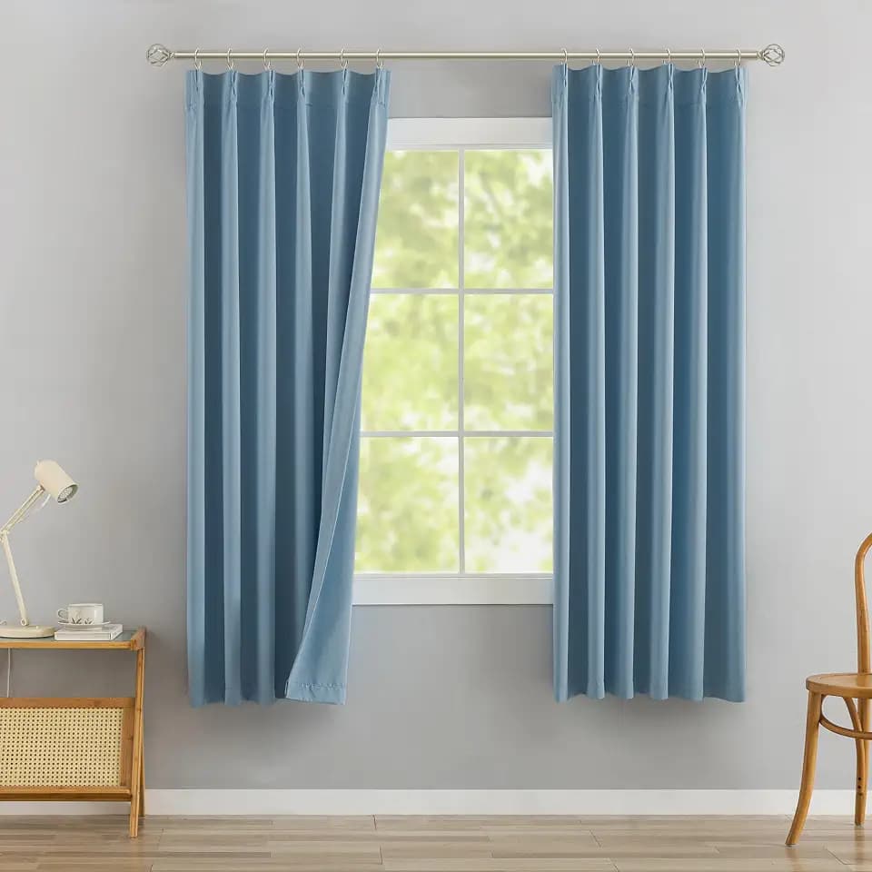 DONREN Dusty Blue Pinch Pleated Blackout Curtains with Hooks - 63 inch Length Room Darkening Thermal Insulated Short Window Curtain Panels for Bathroom Kids Room 2 Panel 40" Wx63 L