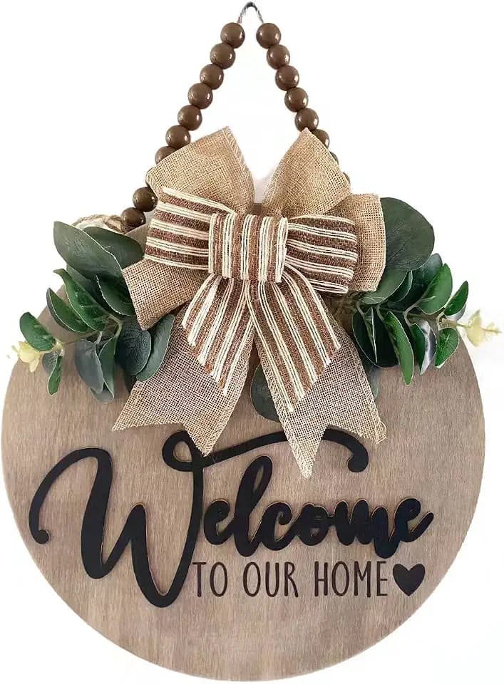 Condorpasea 3D Welcome Sign for Front Door | Home/Farmhouse Porch Décor Wooden Hanging Sign with Artificial Leaves and Rustic Beads | Christmas Classroom |12" Round