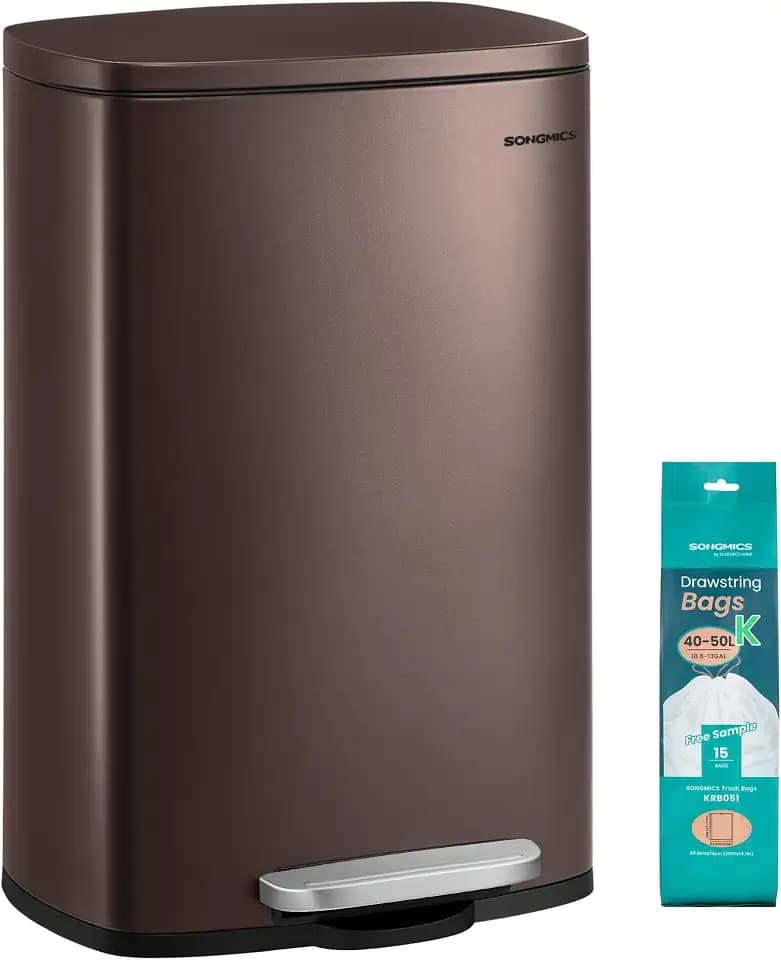 SONGMICS 13 Gallon (50 L) Trash Can, Stainless Steel, Step-On Pedal
