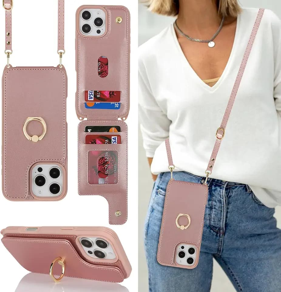 Lipvina Crossbody Wallet for iPhone 16 Pro Max Case with Strap-Rose Gold