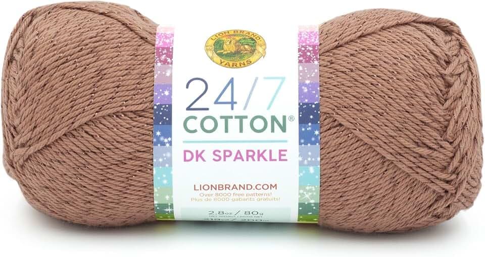 Lion Brand Yarn 24/7 Cotton DK Sparkle Lightweight Yarn for Crochet, Knitting, Crafts, Truffle, Metallic Brown, 1 Pack, Natural Fiber for Soft Shawls, Light Blankets, Summer Projects