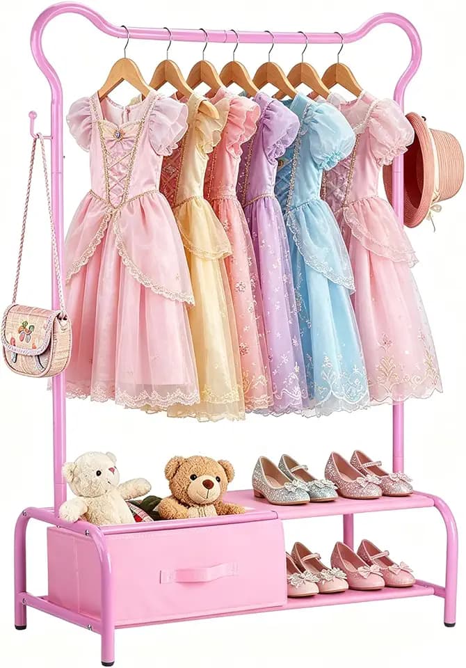 Kids Clothing Rack with Fabric Drawer, 2-Tier Baby Closet, Toddler Wardrobe Closet Organizer for Hanging Coats and Shirts, Small Baby Garment Stand for Nursery, Bedroom, Playroom (Pink)
