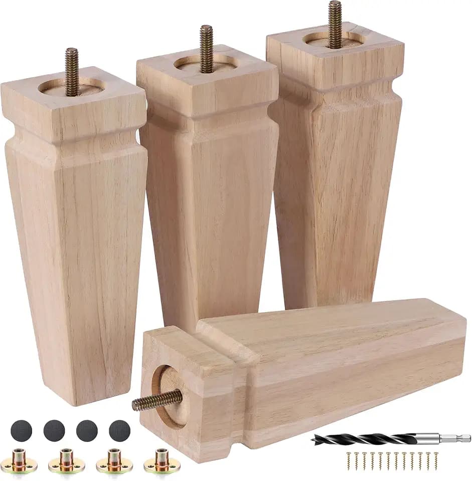 Unfinished Oak Sofa Legs - Heavy Duty Mid Century Solid Wood Replacement Furniture Legs Set of 4 for Couch, Table, Bench, Bed, Dresser, Chair - with Installation Hardware (Natural 8" H*2.5" W)