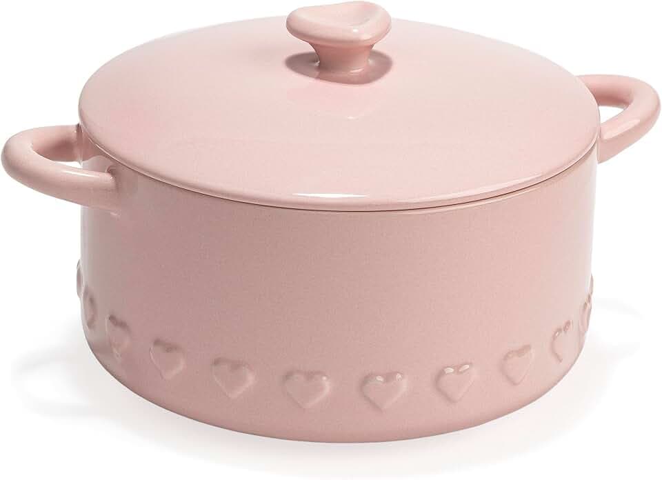 Paris Hilton Iconic Ceramic Stoneware Casserole Dish With Lid, Oven Safe Up To 450°F, Dishwasher & Microwave Safe, 28oz, Pink with Embossed Heart Design