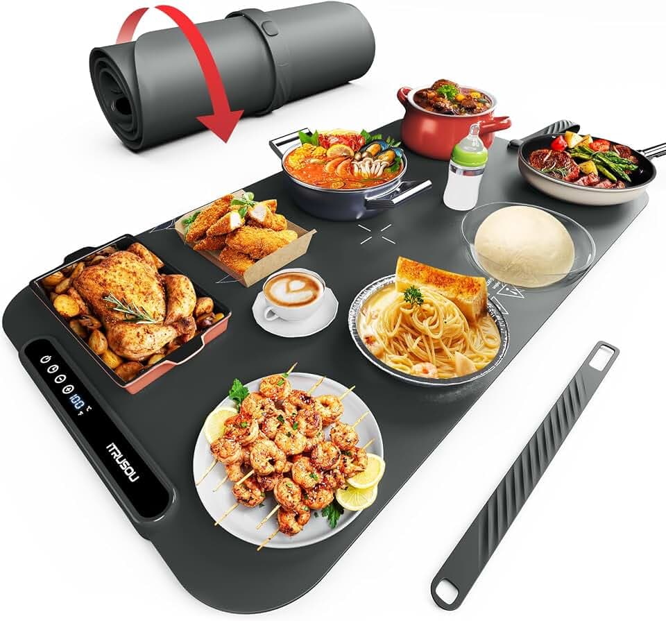 Food Warming Mat, iTRUSOU 27.5x16'' Electric Warming Tray with 7 Temp-Settings, 1-99h Flexible Timer, Switchable °F/°C, Rollable Food Warmer Keep Food Warm at Buffet, Party, Sabbath, Daily Use