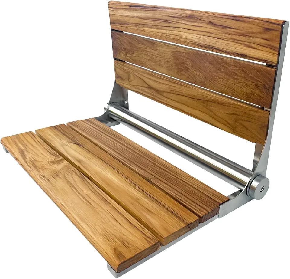 Teak Shower Seat Bench with Back, Brushed Stainless, 24 in