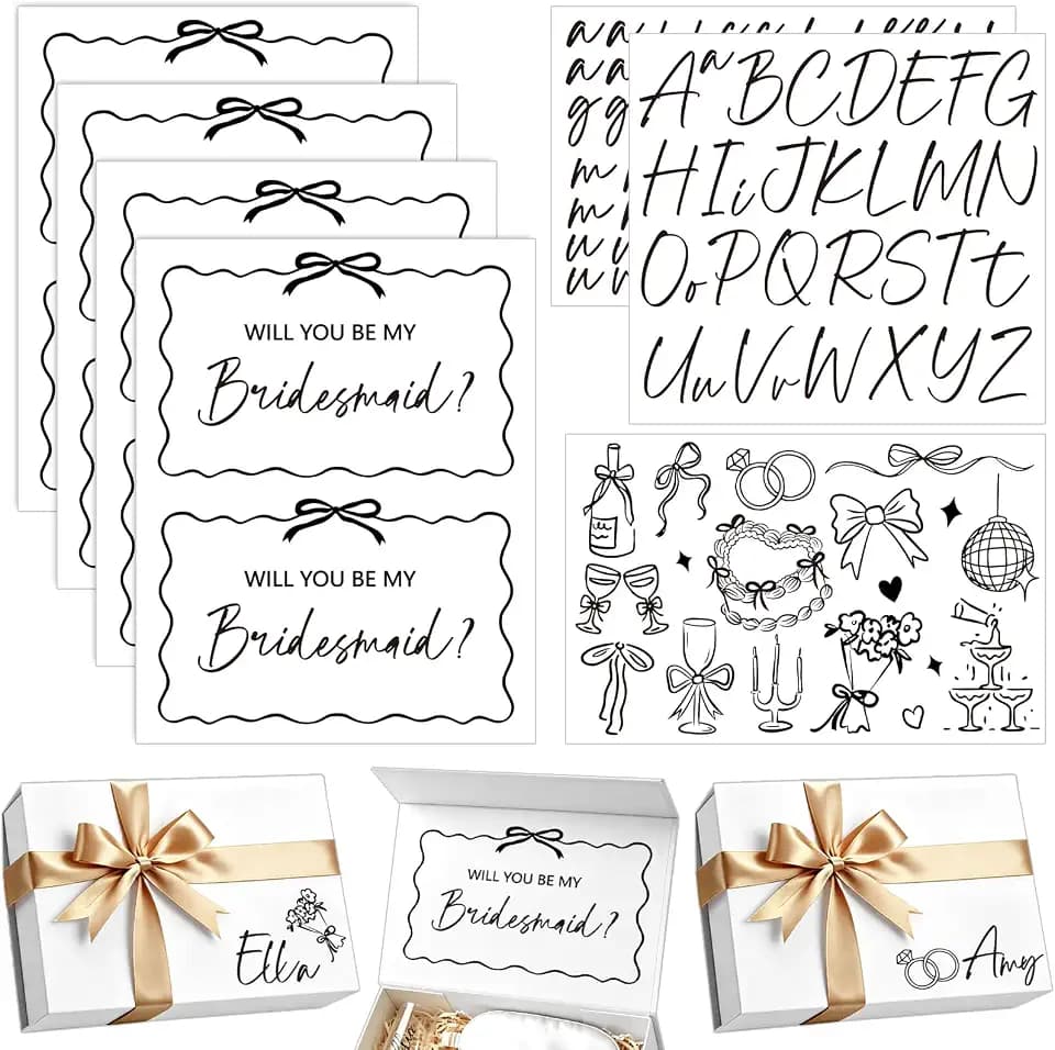 JarThenaAMCS 11Pcs Will You Be My Bridesmaid Transfer Stickers Black Vinyl Proposal Decals Custom Name Bridesmaids Box Transfer for Bridal Shower Wedding Bachelorette Party