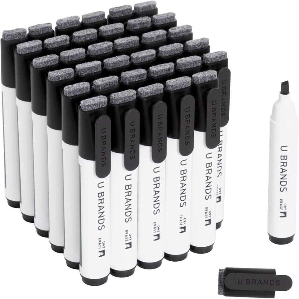 U Brands Dry Erase Markers Chisel Tip Set, 36 Pack, Black, Whiteboard Pens with Chisel Point and Built In Eraser Caps, Low Odor Ink, Dry Erase Markers For Classroom, Office, Or Home