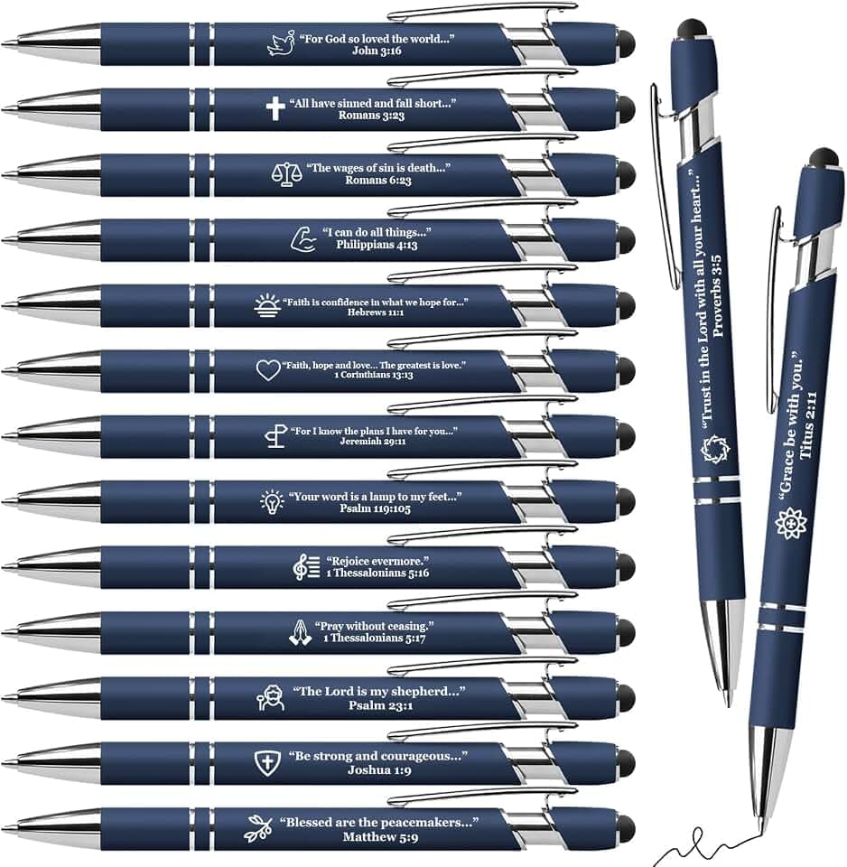 15 Pack Bible Verse Pens, Christian Inspirational Retractable Ballpoint Pens with Religious Scripture Quotes & Symbols, Smooth Writing Black Pens for Church, Gifts for Christians, DeepBlue