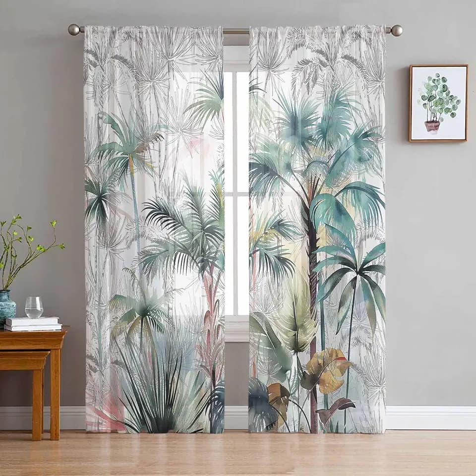 Teal Green Palm Tree Sheer Curtains 63 Inch Length 2 Panels Set for Living Room/Bedroom, Semi Curtain Sheers Drapes Rod Pocket Window Curtains 52x63x2 Summer Tropical Coconut Plant Modern White