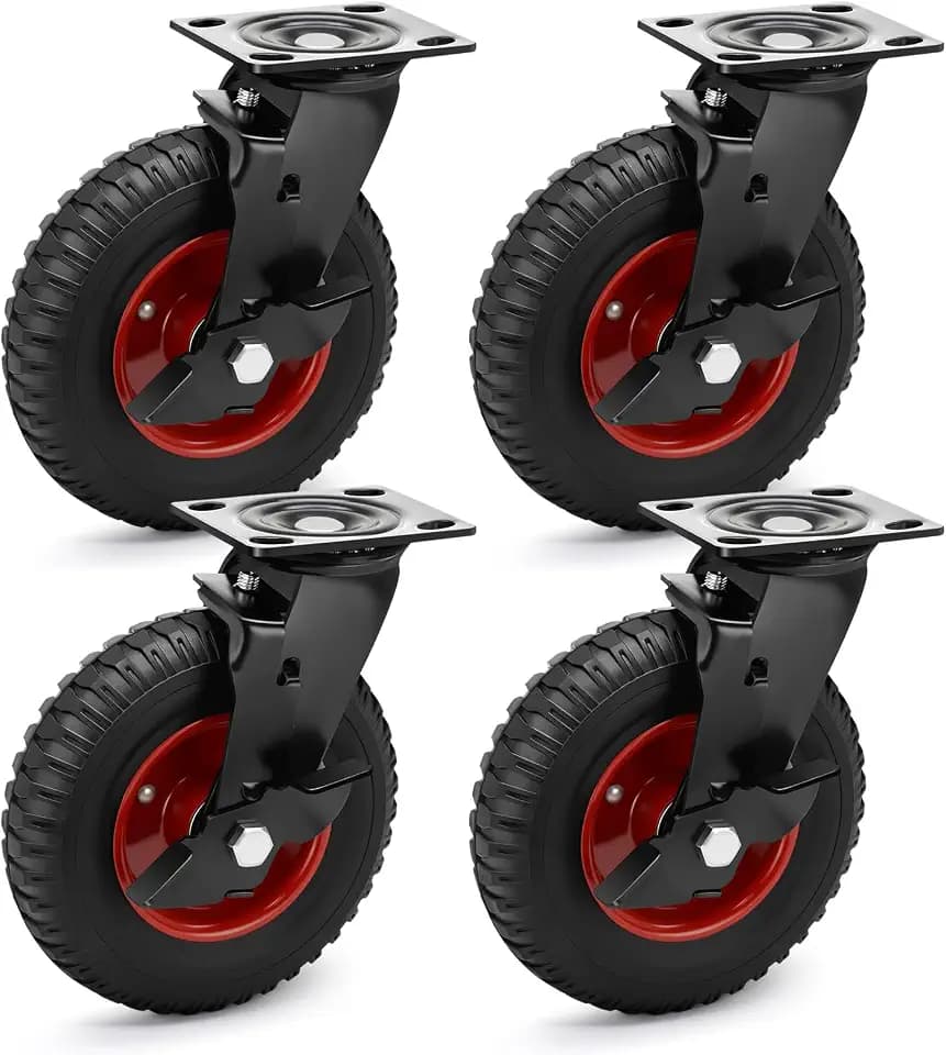 8 Inch Outdoor Heavy Duty Casters Wheels Set of 4, Sturdy Large Rubber Casters with Brake 2200 LBS, Industrial Grade Plate Swivel Castors with Knobby Tread for Dollies, Cart, Machine