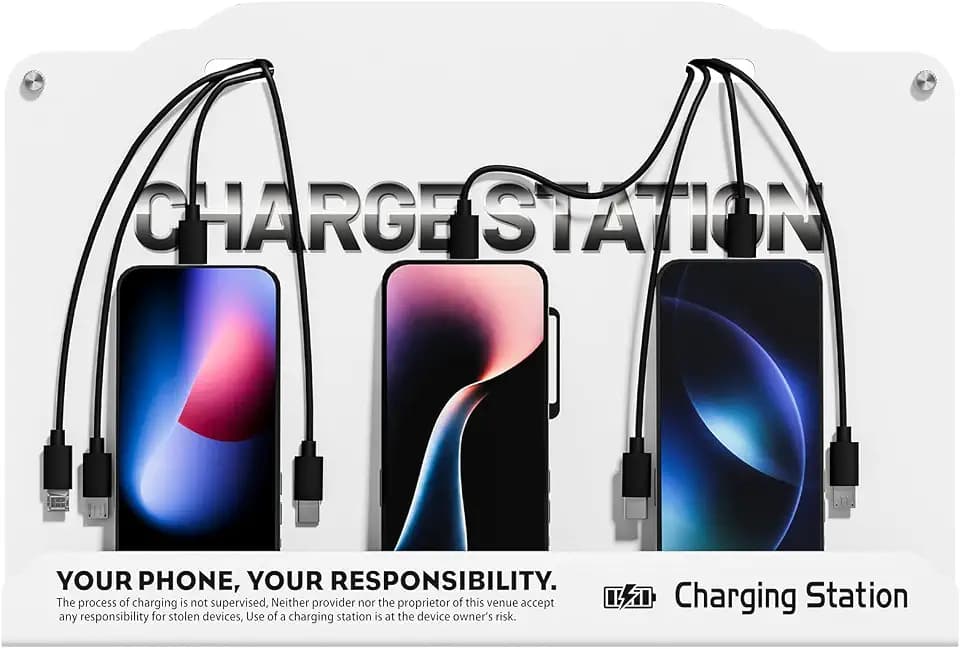 Wall Mounted 8 Port Charging Station with Fast Charigng Cables – Multi Device Charging Dock for Office, Hotel & Public Spaces | Compatible with iPhone ipad Smartphone Tablets Android Port (White)
