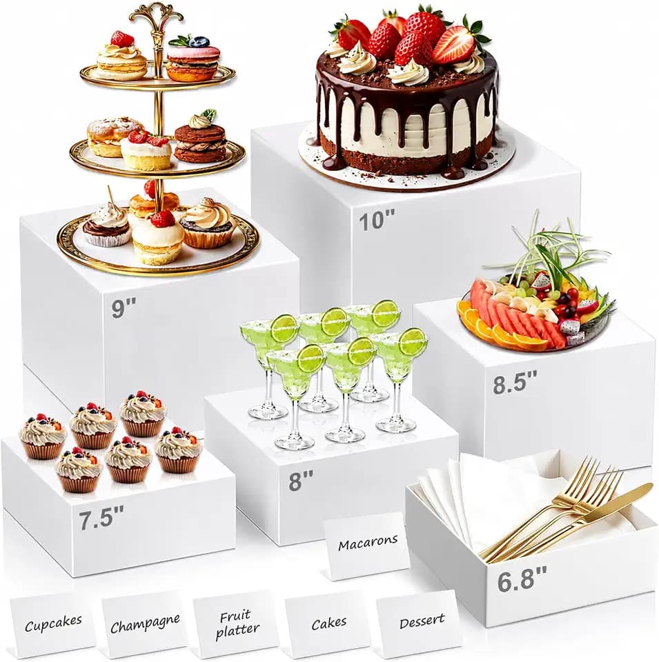 6PCS Buffet Risers and Stands, (10",9",8.5",8",7.5",6.8") Food Risers for Buffet Table with Mini Signs, Multi-Size Nesting Buffet Risers for Food Display, Dessert Display, Party and Jewelry