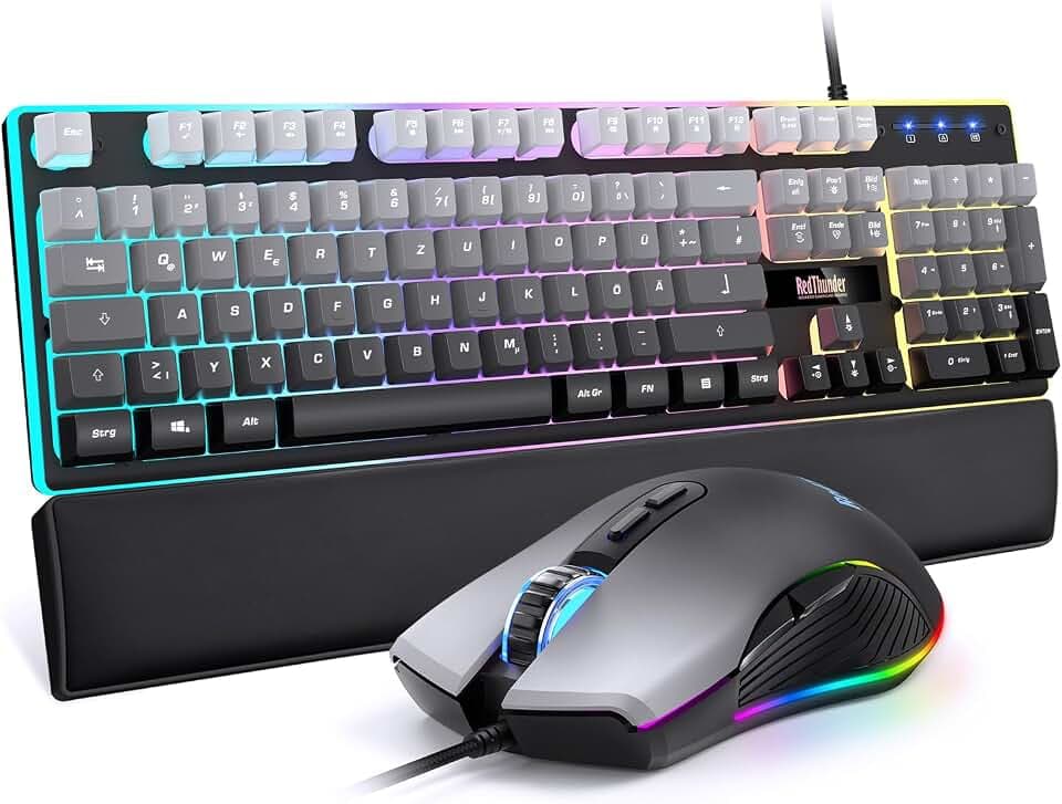 RedThunder K10 Gaming Tastatur und Maus Set, QWERTZ DE Layout, 26KRO Tastatur + 7D 7200 DPI Mause & Weiche Leder Handballenauflage, RGB Beleuchtung für PC Gamer, Mac PS5 Xbox (Grauverlauf)