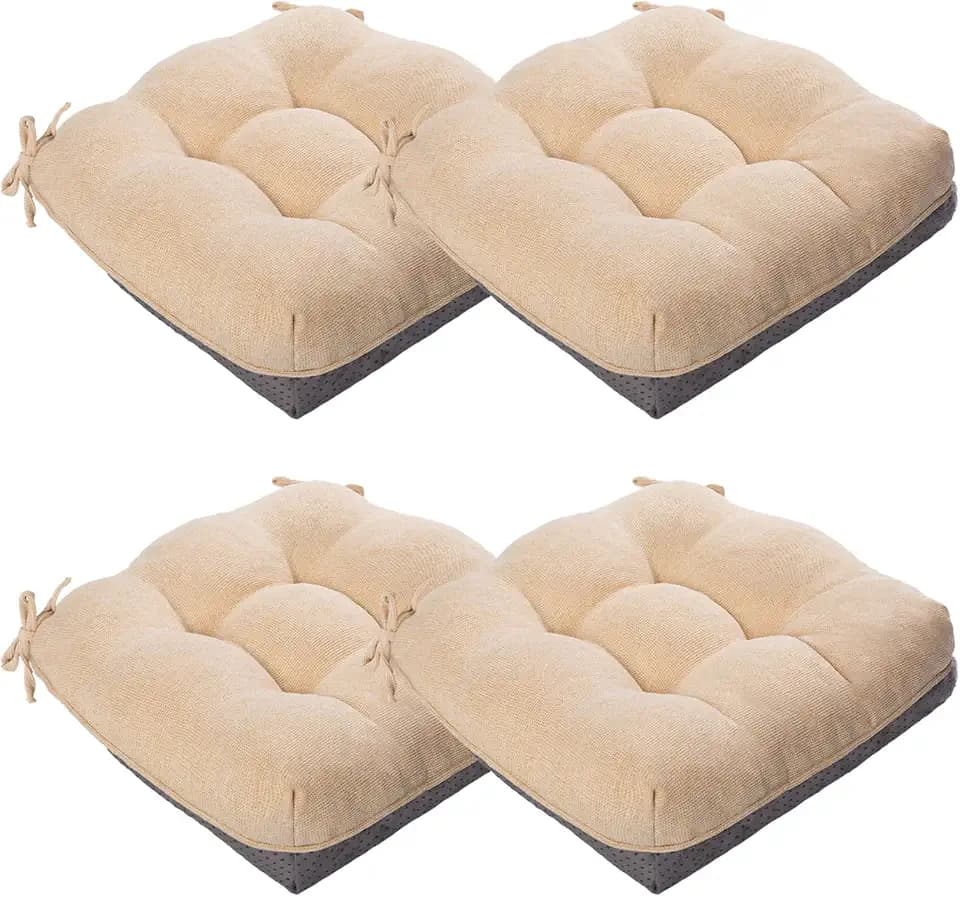 MAGIC ELEPHANT Chair Cushions for Dining Chair, Shredded Memory Foam Kitchen Chair Cushions Set of 4, Non-Slip Thick Dinning Room Chair Pads Seat Cushions, 15.5" x 15.5" x 4" (Beige)