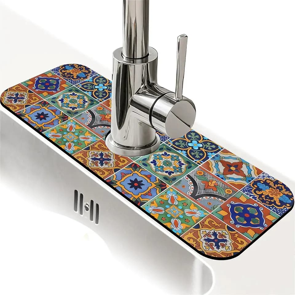 Talavera Mexican Tiles Glowing Jellyfish Neon 15.6" X 6.1" Kitchen Sink Splash Guard Faucet Draining Mat For Bathroom Kitchen