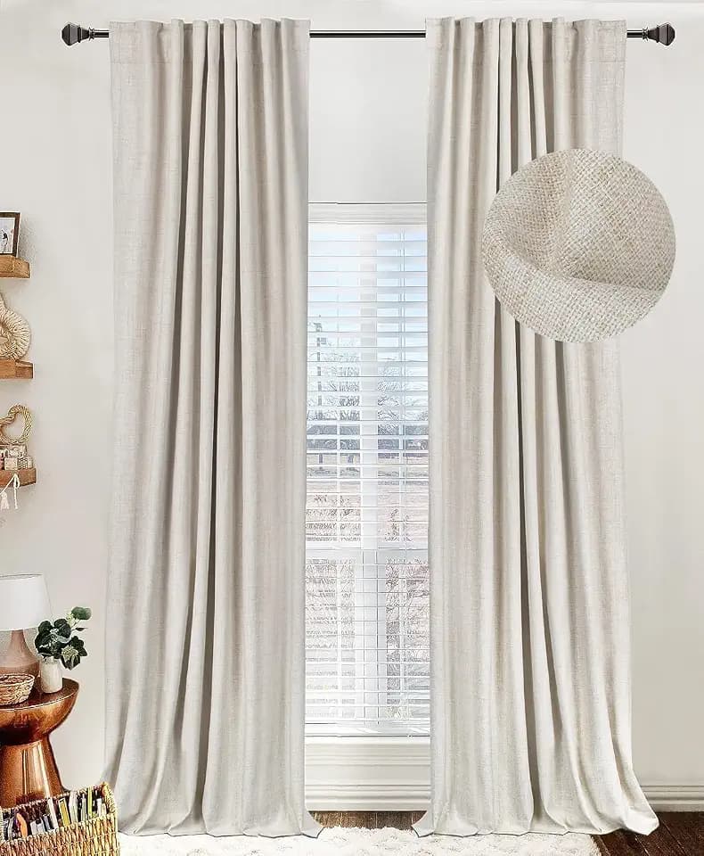 Linen Total Blackout Curtains for Bedroom Living Room 90 Inch, Cream