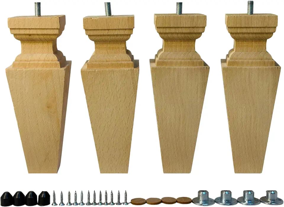 8 Inch Square Solid Wood Beech Replacement Furniture Legs, Set of 4, Wooden Feet Mid Century Modern, Unfinished Legs for Sofa, Couch, Armchair, Ottoman, Cabinet, TV Stand, Dresser
