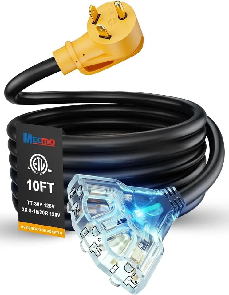 MECMO 30 Amp to 20 Amp 110V RV Distribution Adapter 10ft, NEMA TT-30P Male to 3X 5-15R/5-20R, 30A to Triple 15/20A 3-Prong to Multiple Household Outlet RV Generator Power Cord