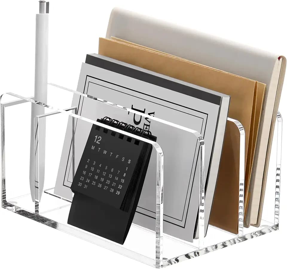 SANRUI Acrylic Mail Sorter Desk Organizer with Pen Holder, 3 Compartments