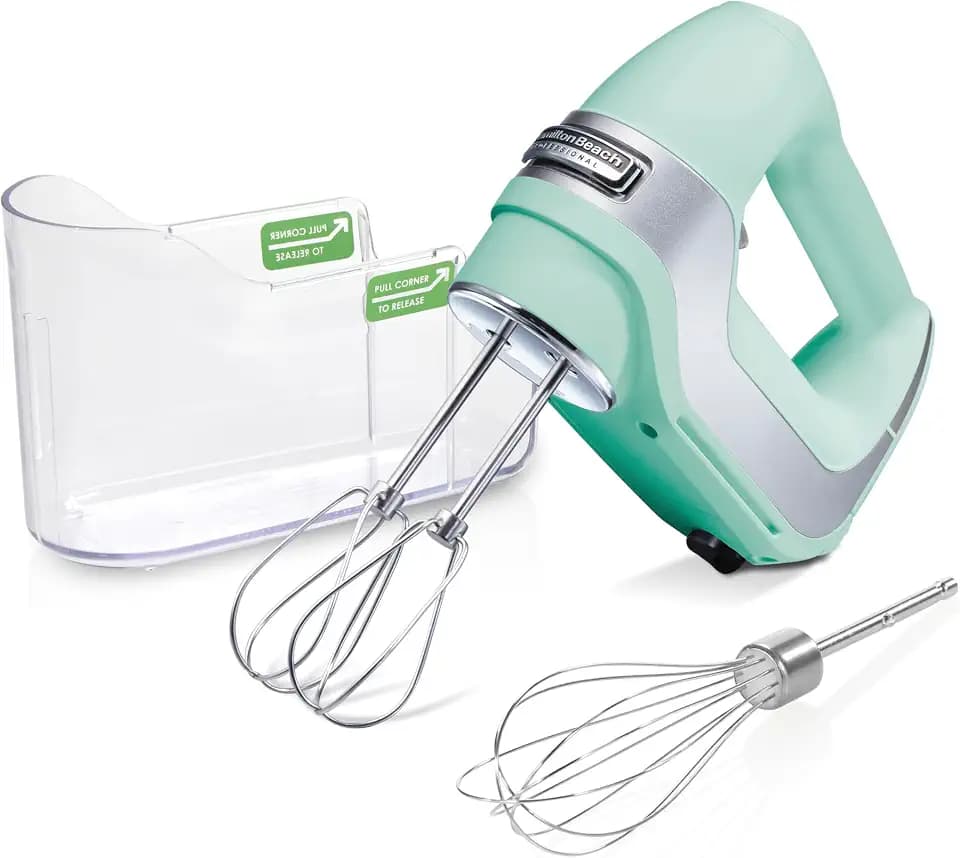 Hamilton Beach Professional 5-Speed Electric Hand Mixer with Snap-On Storage Case, QuickBurst, Stainless Steel Twisted Wire Beaters and Whisk, Mint (62658)