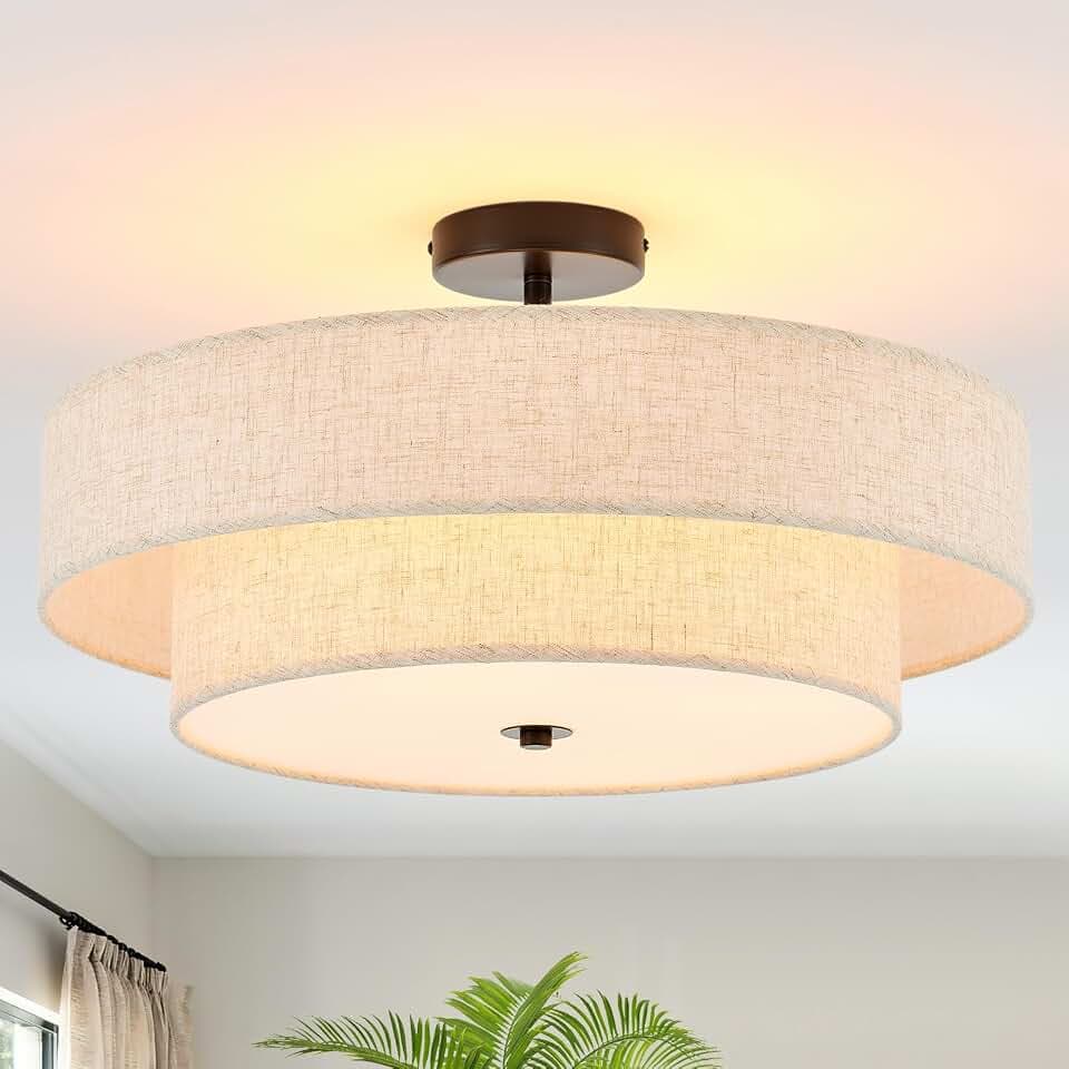 Modern Semi Flush Mount Ceiling Light 21.7" Modern Black 4-Lights Drum Ceiling Lighting Fixture Vintage Linen Black Ceiling Lamp for Living Room,Laundry Room, Kitchen, Dining Room, Bedroom