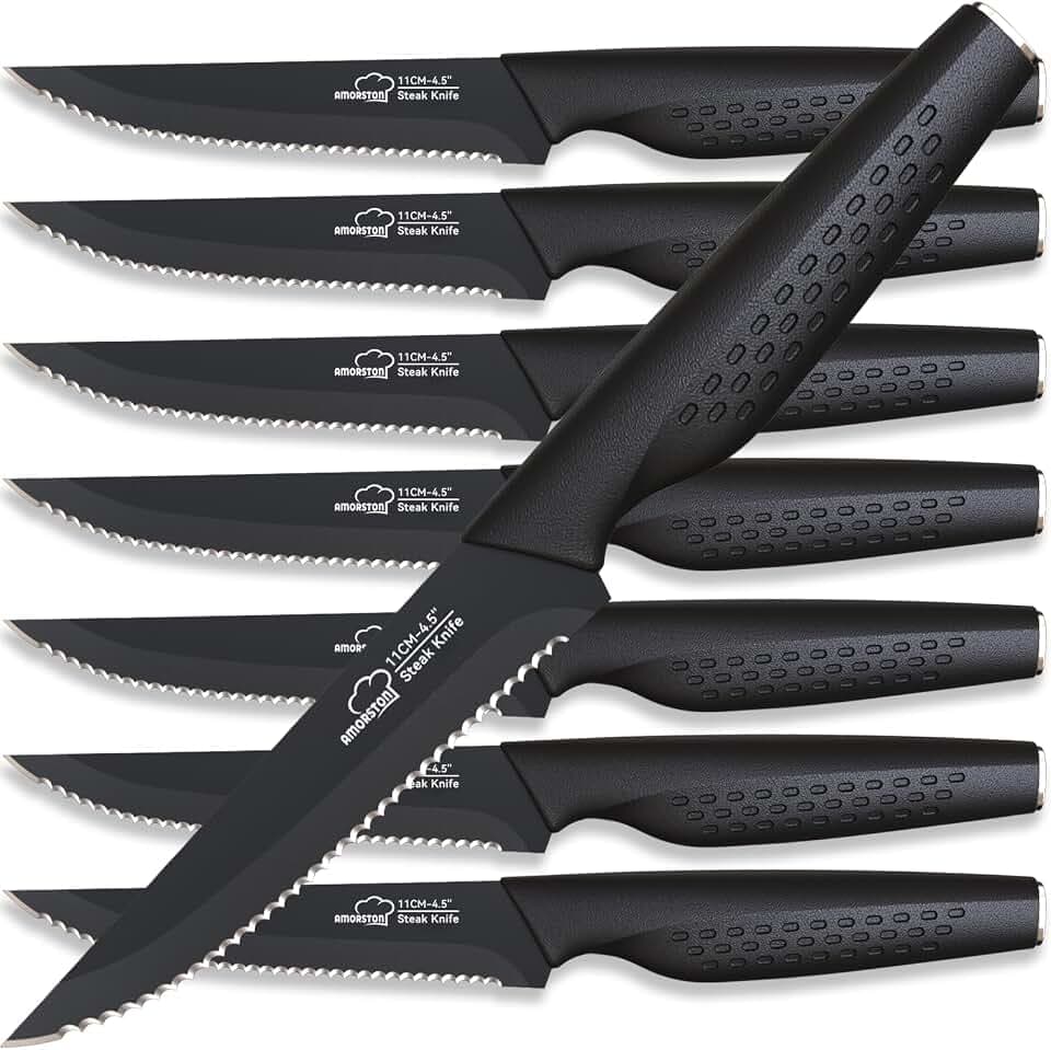 Amorston Steak Knives, Steak Knives Set of 8, Stainless Steel Steak Knife Set, Serrated Knives Dishwasher Safe, Elegant Black Mothers Day Gifts for Women