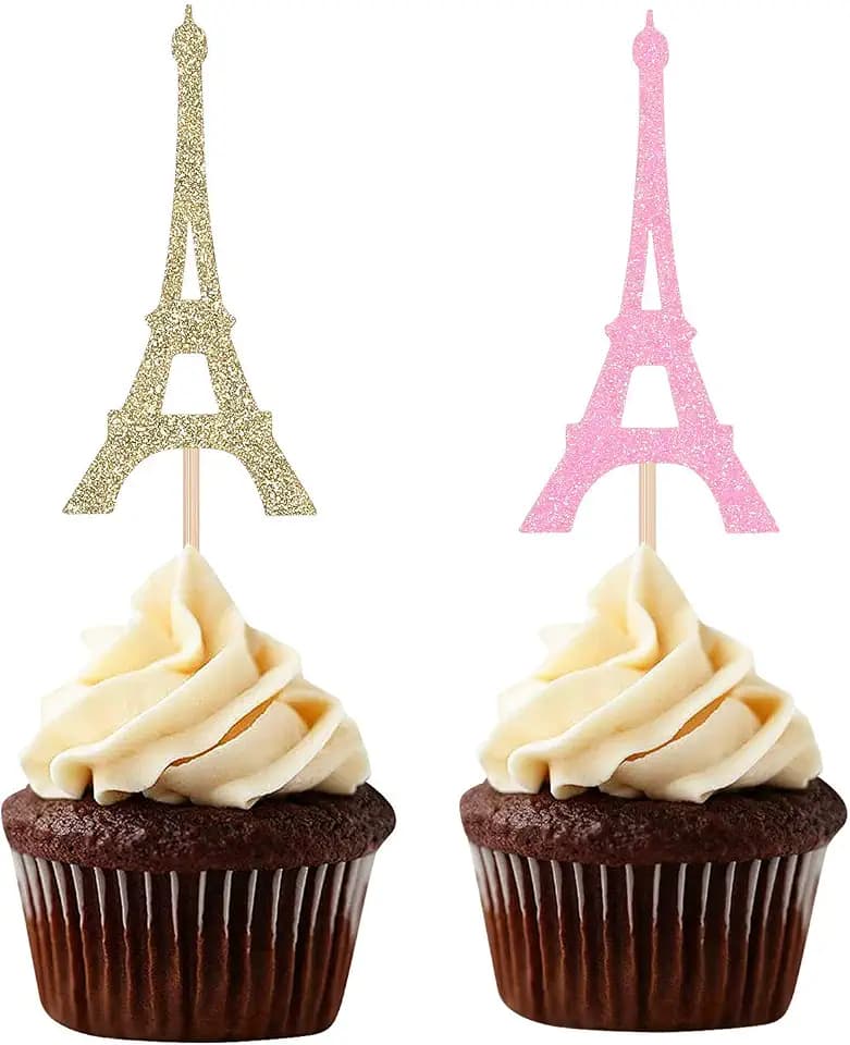 Paris Theme Cupcake Toppers Eiffel Tower Shape Party Picks Wedding Bridal Shower Decorations - Pink and Gold