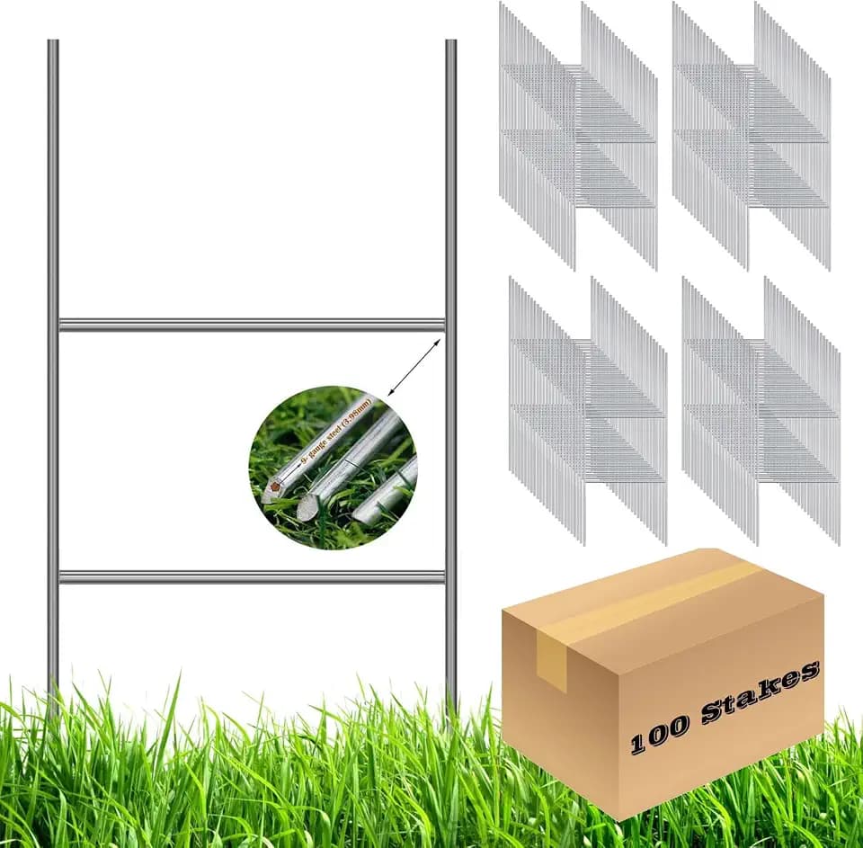 100 Pack H Frame Wire Stakes 20 x10 inch 9 Gauge Galvanized Wire -Yard Sign Stakes Fit for 4mm, 5mm Corrugated Signs, Heavy Duty Metal Step Stakes