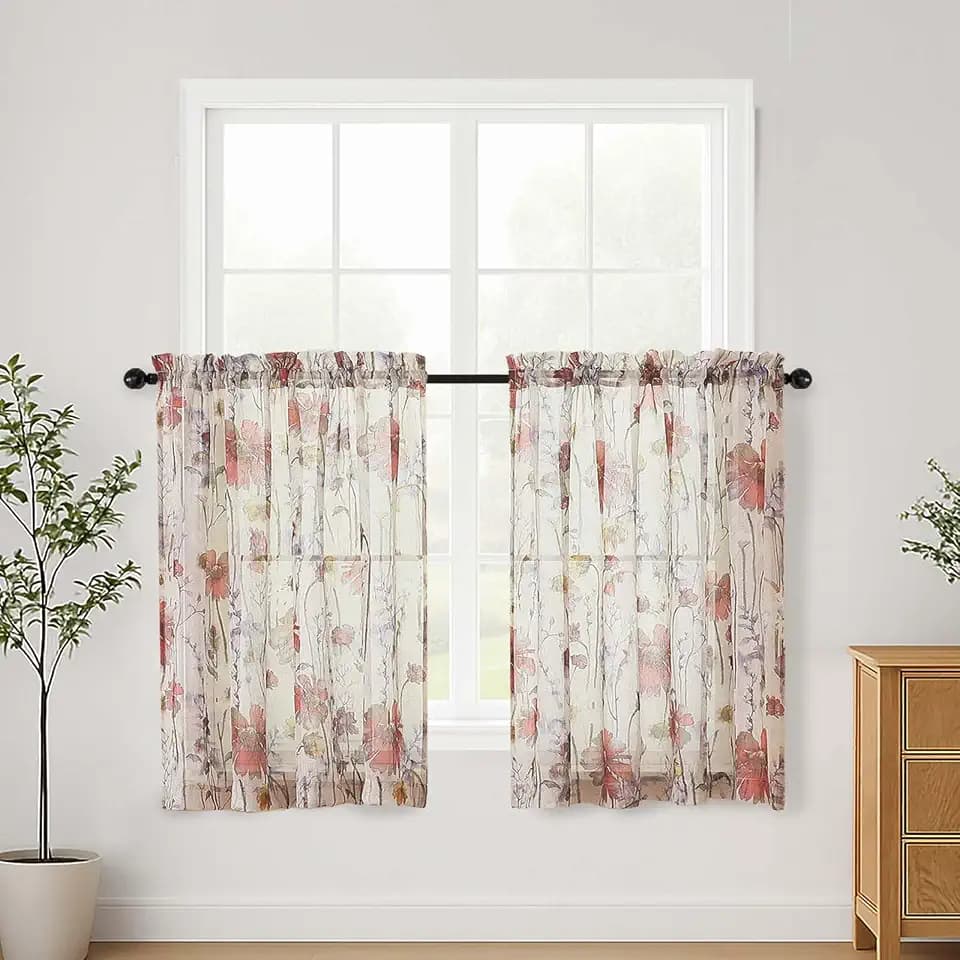 Lecloud Crushed Sheer Kitchen Curtains 36 Inch Length 2 Panels, Light Filtering Printed Textured Short Curtains, Elegant Window Treatments for Bedroom Dining Room, Dual Rod Pocket, 42" W x 36" L