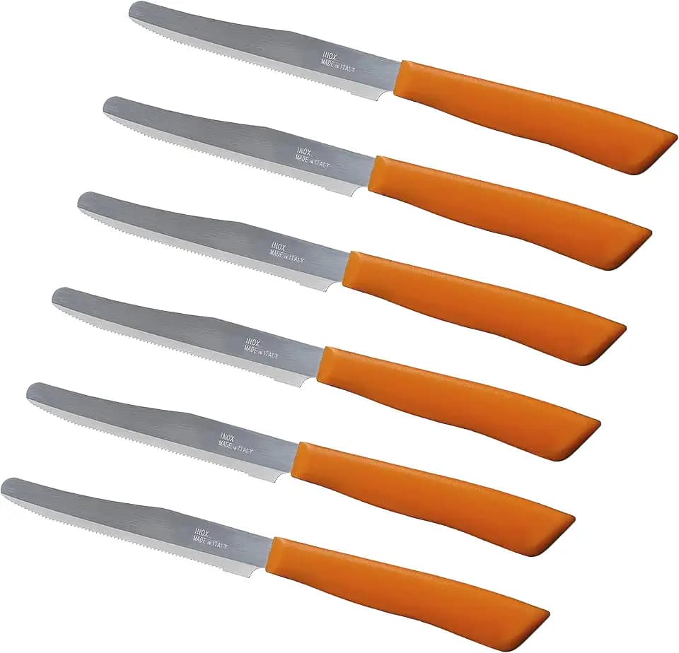 Tredoni 6 kitchen Knives Set - 4.3" Serrated Blade, Rounded Tip (Orange)